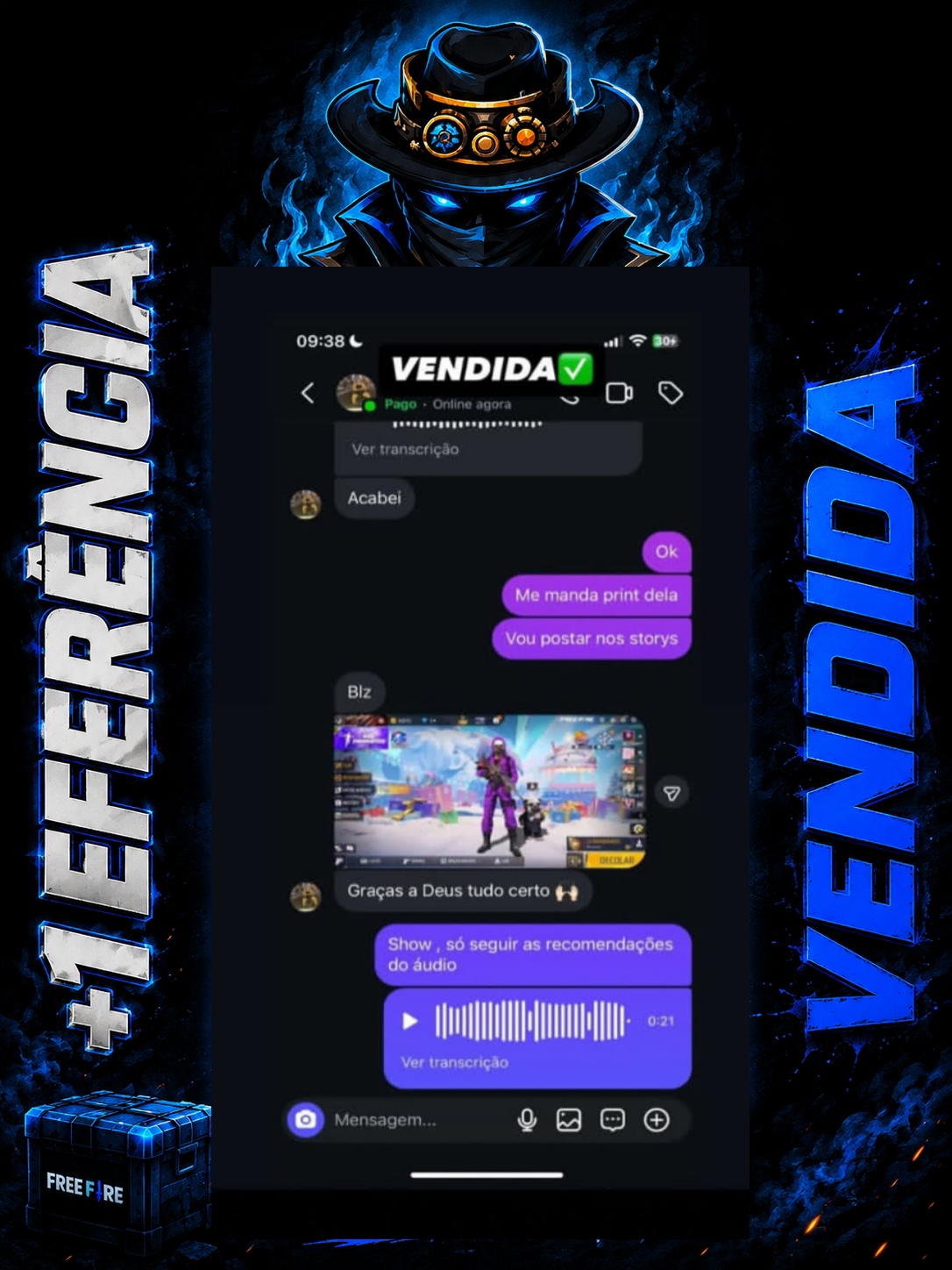 Feedback de cliente após receber a conta de Free Fire